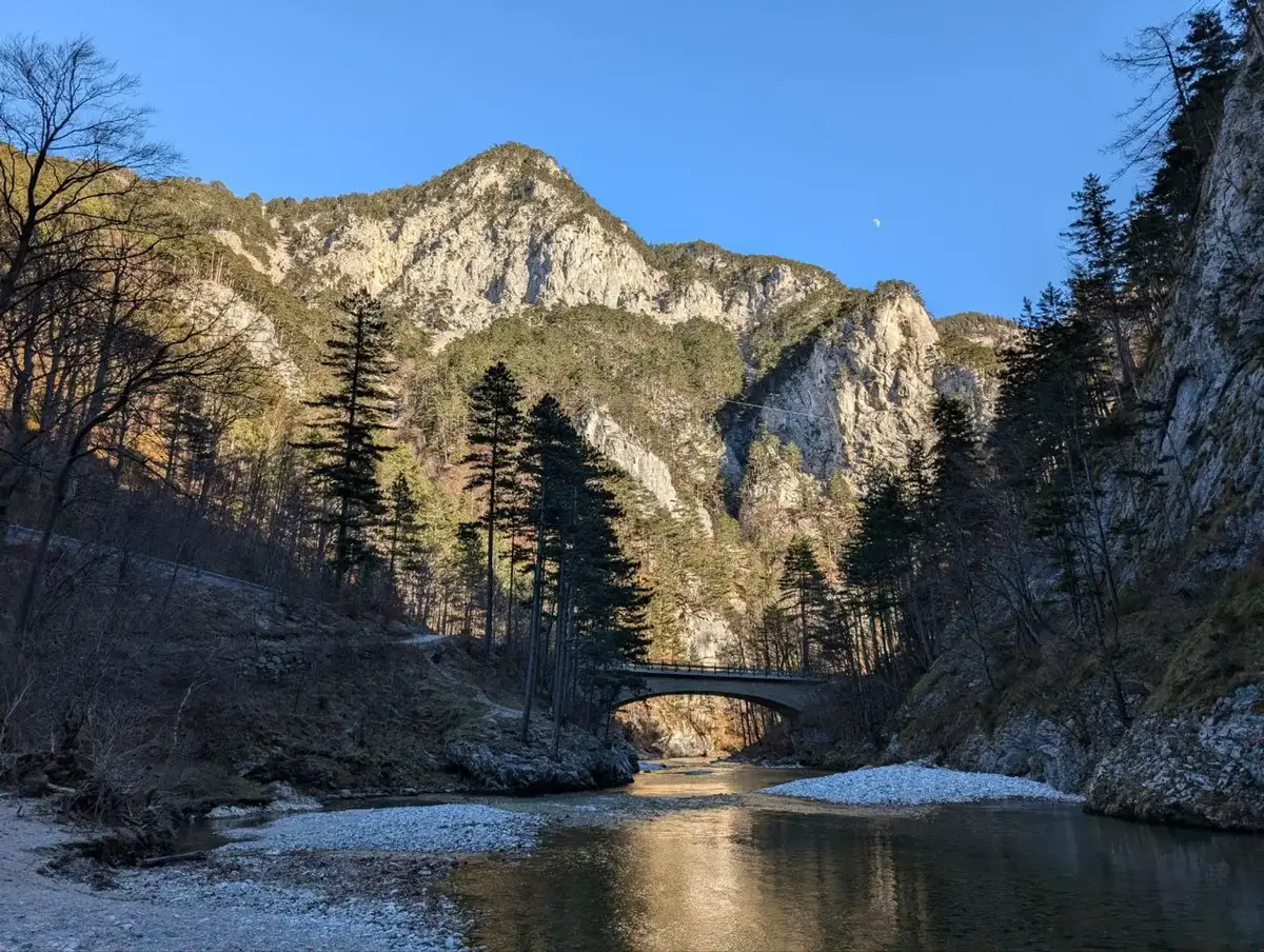The Höllental gorge with a stone bridge over the river